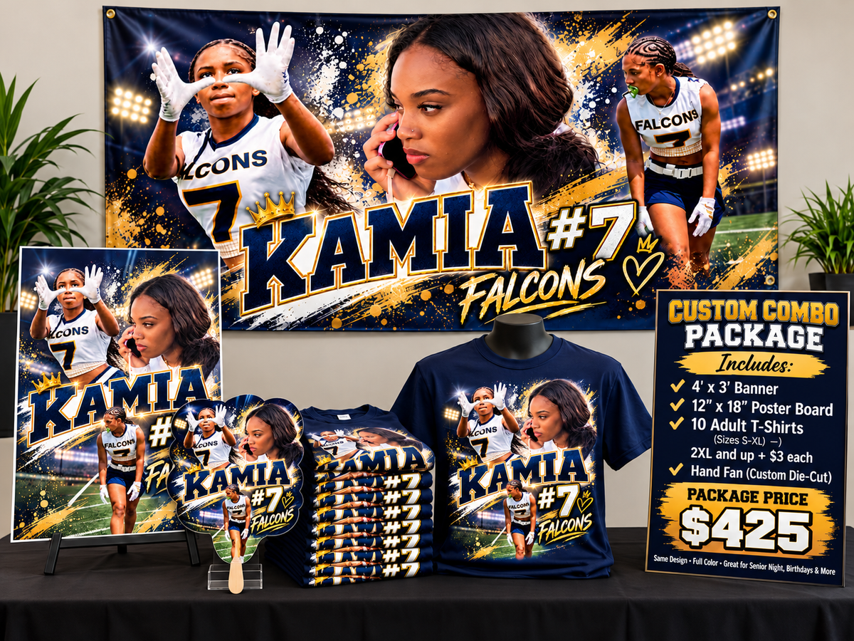 Custom combo package example with coordinated banner, poster board, T-shirts and die-cut hand fan; advertised package price $425.